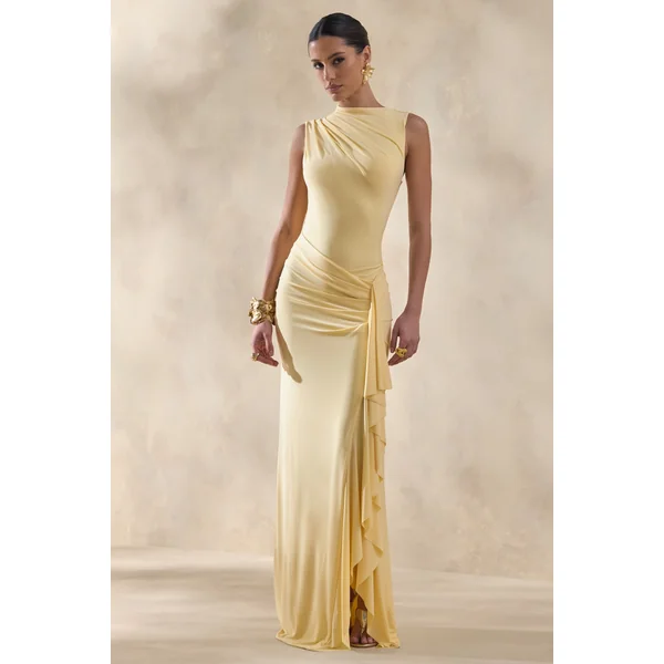 Helessia | Robe longue citron à encolure asymétrique avec détails froncés et écharpe