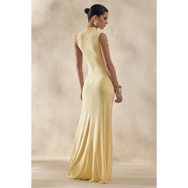Helessia | Robe longue citron à encolure asymétrique avec détails froncés et écharpe