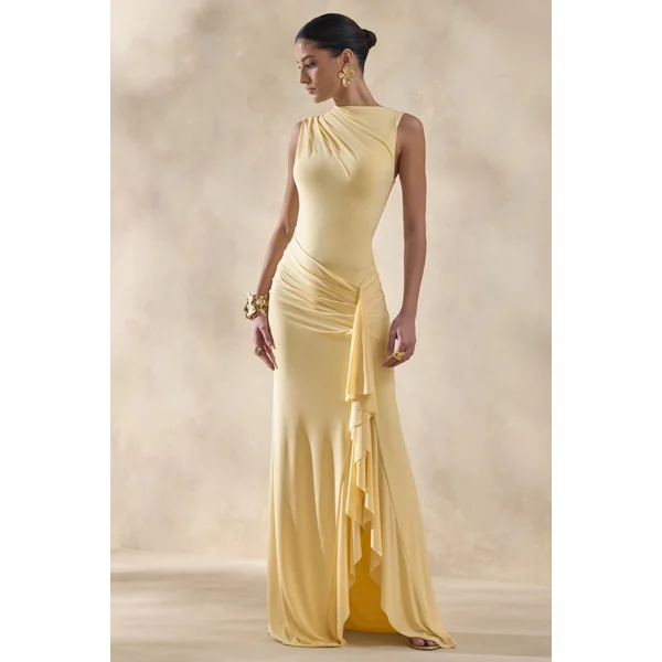 Helessia | Robe longue citron à encolure asymétrique avec détails froncés et écharpe