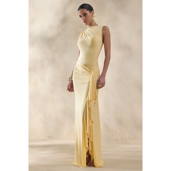 Helessia | Robe longue citron à encolure asymétrique avec détails froncés et écharpe