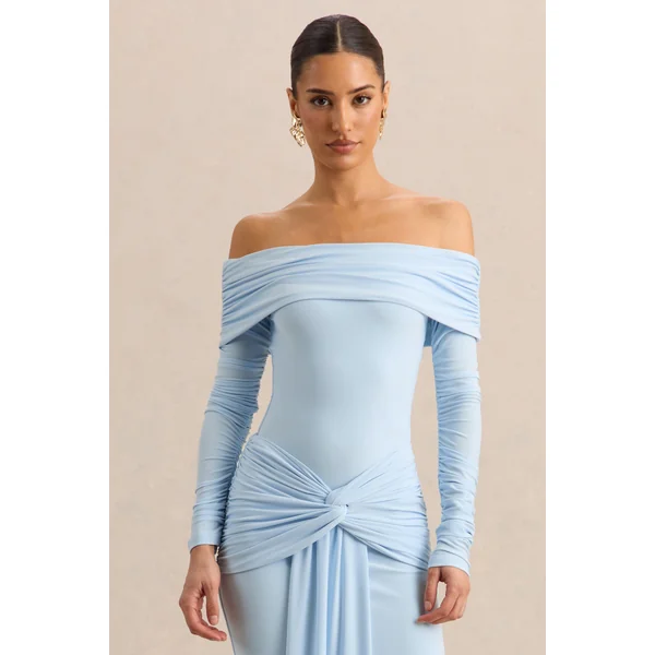 Helia | Body bleu à encolure Bardot avec manches longues froncées