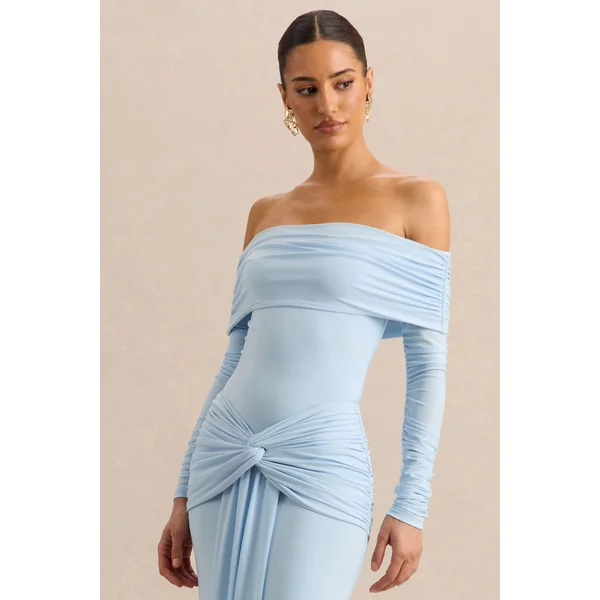 Helia | Body bleu à encolure Bardot avec manches longues froncées