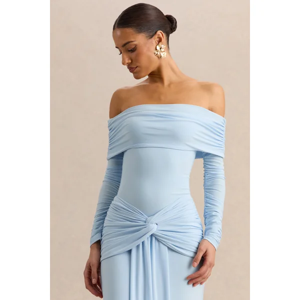 Helia | Body bleu à encolure Bardot avec manches longues froncées