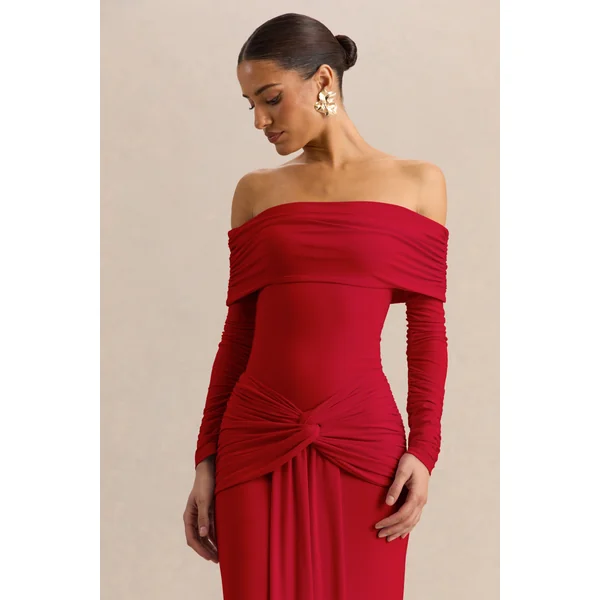 Helia | Body string rouge à encolure bardot et manches longues froncées