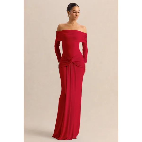 Helia | Body string rouge à encolure bardot et manches longues froncées