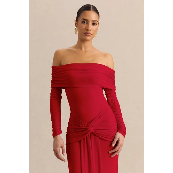 Helia | Body string rouge à encolure bardot et manches longues froncées