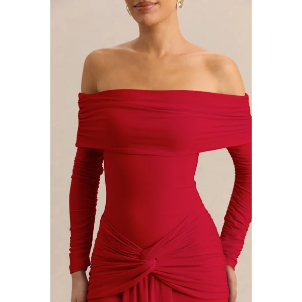 Helia | Body string rouge à encolure bardot et manches longues froncées