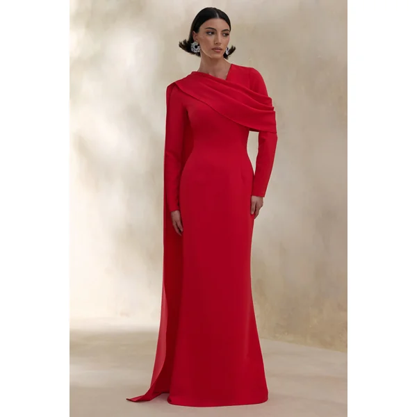 Heliora | Robe longue rouge à décolleté en V avec ceinture et détails drapés
