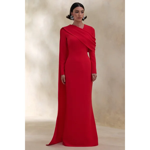 Heliora | Robe longue rouge à décolleté en V avec ceinture et détails drapés