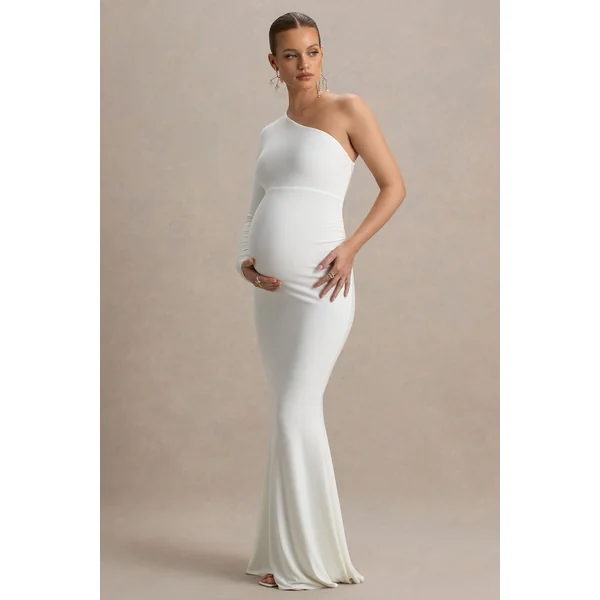 Heloise | Robe longue de maternité blanche à une manche et décolleté asymétrique
