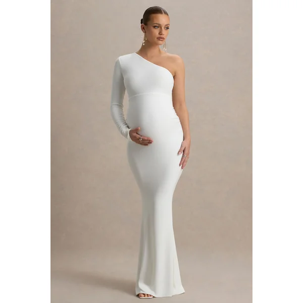 Heloise | Robe longue de maternité blanche à une manche et décolleté asymétrique
