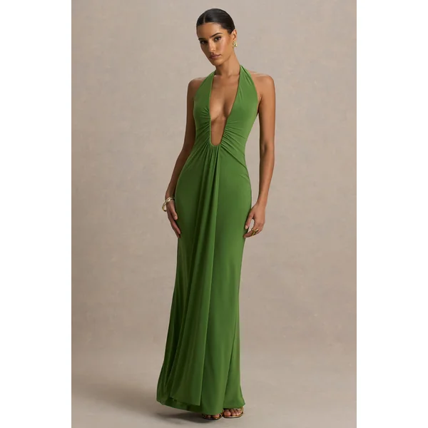 Hera | Robe longue verte à décolleté plongeant extrême avec détails froncés