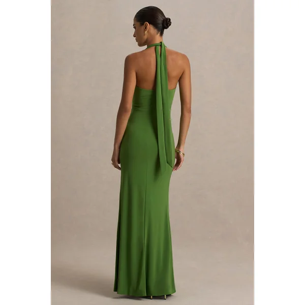 Hera | Robe longue verte à décolleté plongeant extrême avec détails froncés