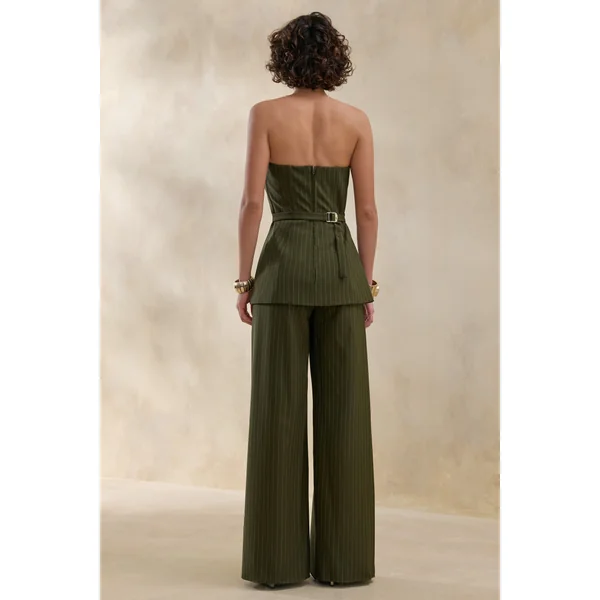 Hesper | Pantalon tailleur olive à fines rayures et jambe large