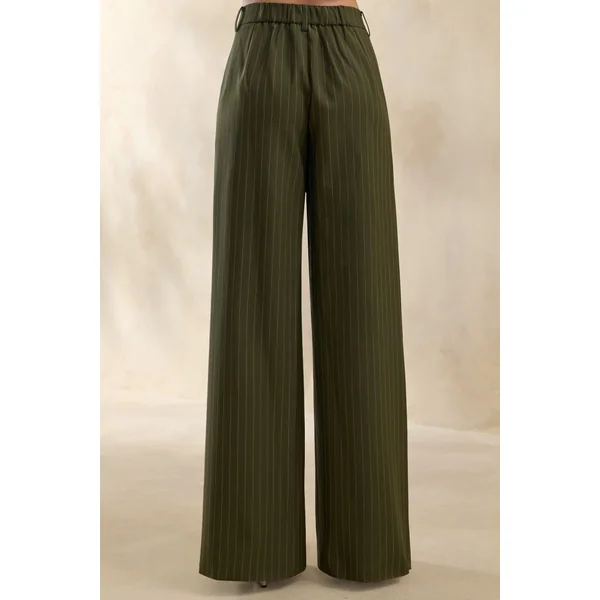 Hesper | Pantalon tailleur olive à fines rayures et jambe large