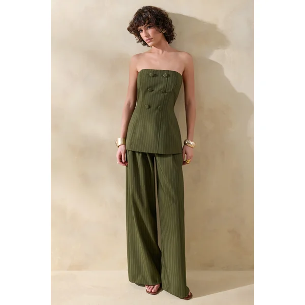 Hesper | Pantalon tailleur olive à fines rayures et jambe large