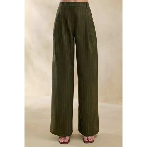 Hesper | Pantalon tailleur olive à fines rayures et jambe large
