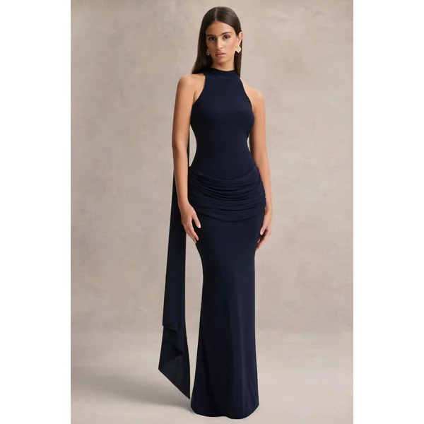 Hesperia | Robe longue bleu marine à col haut avec détails drapés et écharpe