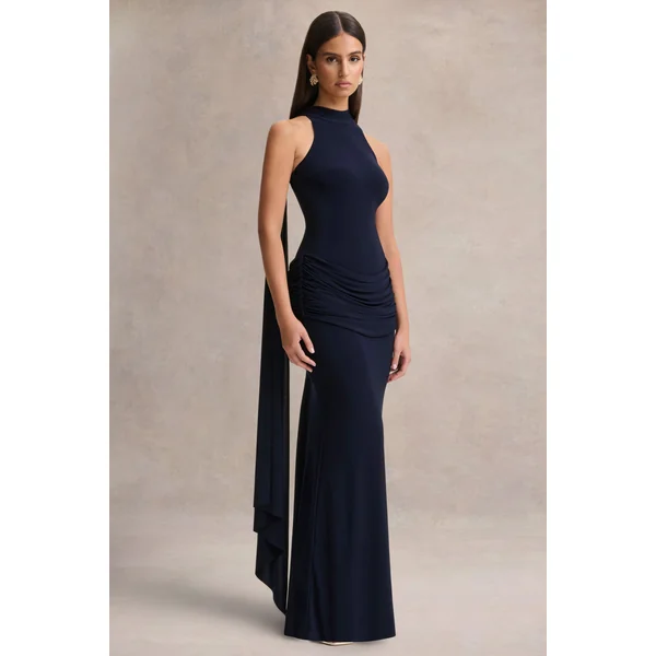 Hesperia | Robe longue bleu marine à col haut avec détails drapés et écharpe