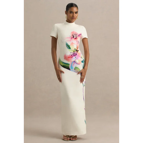 Hessie | Robe longue imprimé lys blanc à encolure haute