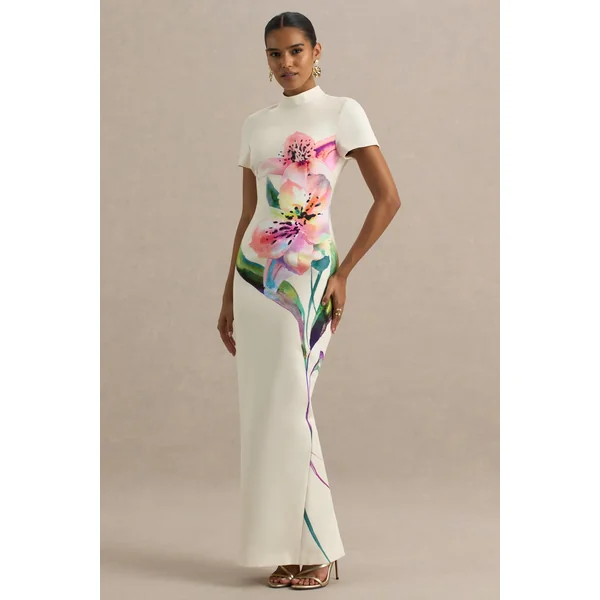 Hessie | Robe longue imprimé lys blanc à encolure haute