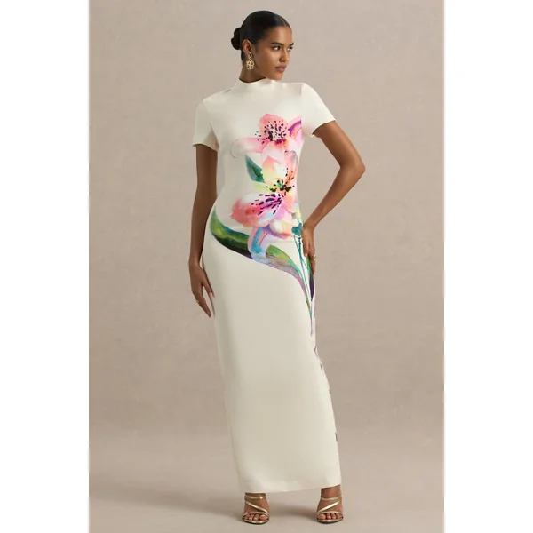 Hessie | Robe longue imprimé lys blanc à encolure haute