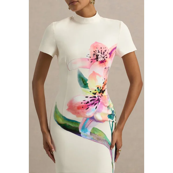 Hessie | Robe longue imprimé lys blanc à encolure haute