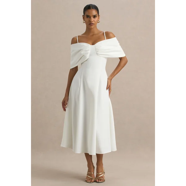 Hettie | Robe mi-longue blanche épaules dénudées à manches courtes avec détail nœud