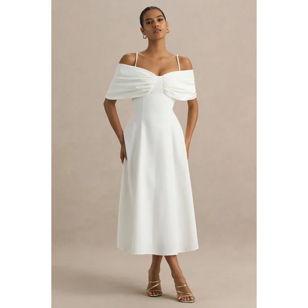 Hettie | Robe mi-longue blanche épaules dénudées à manches courtes avec détail nœud