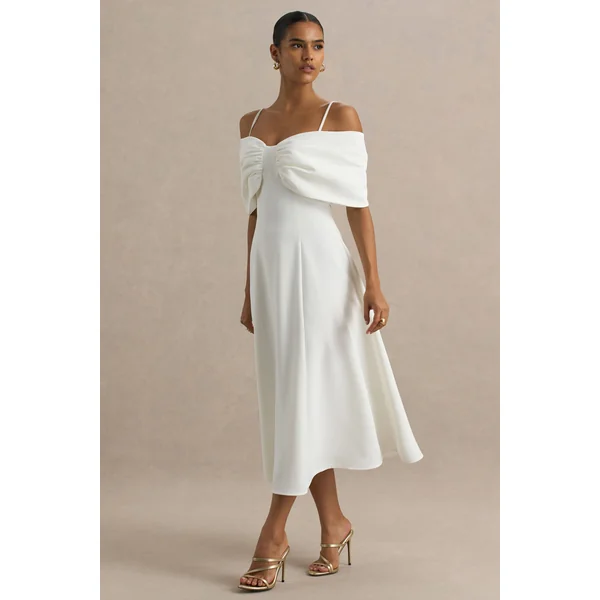 Hettie | Robe mi-longue blanche épaules dénudées à manches courtes avec détail nœud