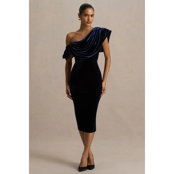 High End | Robe mi-longue en velours bleu marine à encolure asymétrique avec drapé