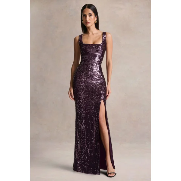 High Life | Plum Sequin Square-Neck Maxi Dress With Front-High Split