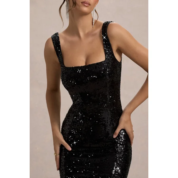High Life | Robe longue noire a sequins et col carre fendue sur le devant