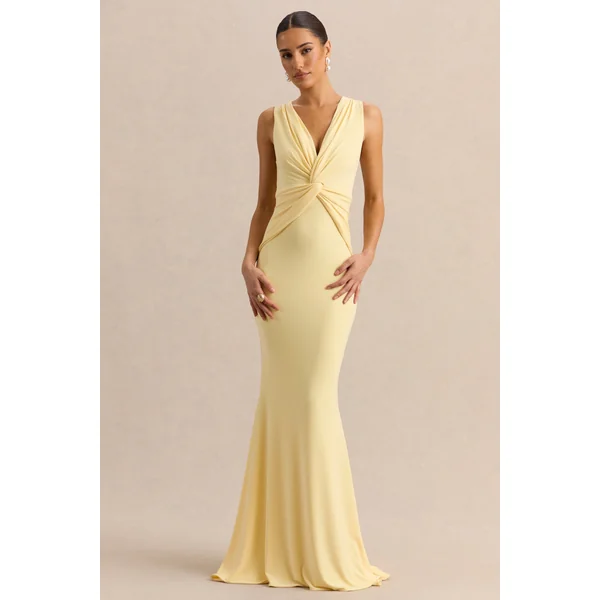 Holly | Robe longue citron à décolleté plongeant et détail torsadé