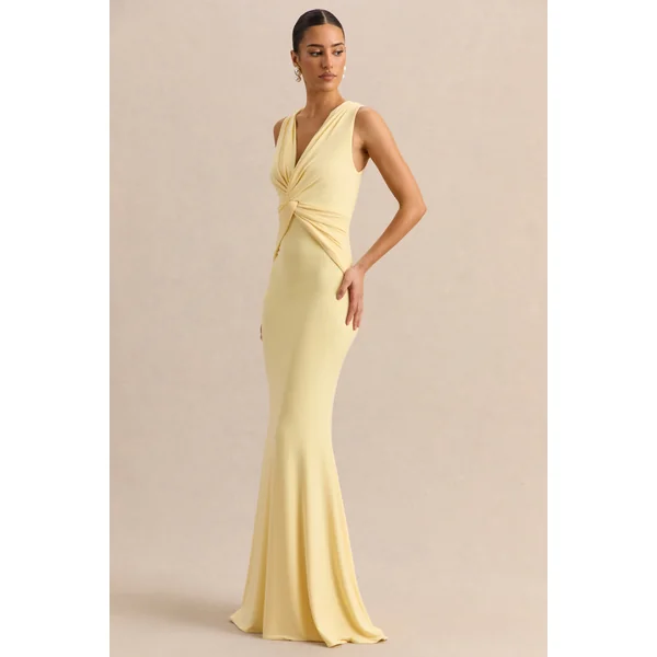 Holly | Robe longue citron à décolleté plongeant et détail torsadé