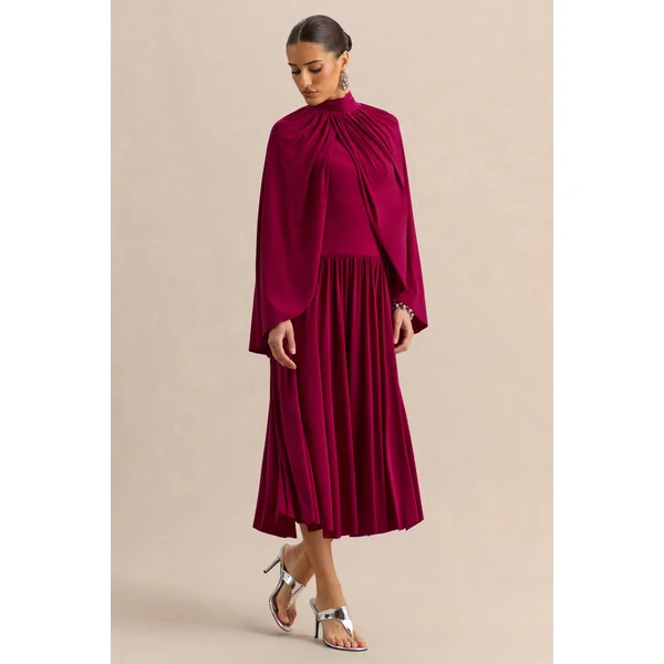 Honora | Robe mi-longue bordeaux à encolure haute avec manches cape