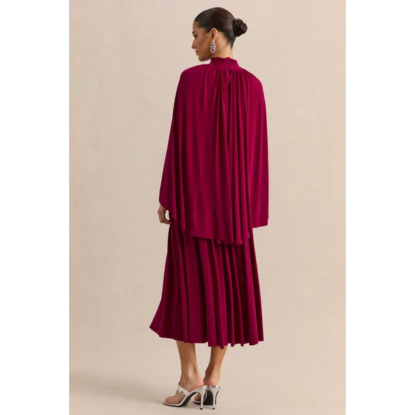 Honora | Robe mi-longue bordeaux à encolure haute avec manches cape