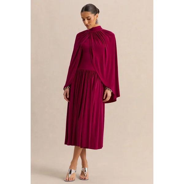 Honora | Robe mi-longue bordeaux à encolure haute avec manches cape