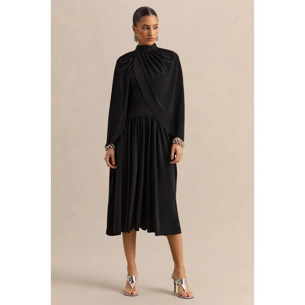 Honora | Robe mi-longue noire à col montant avec manches cape