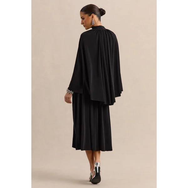 Honora | Robe mi-longue noire à col montant avec manches cape