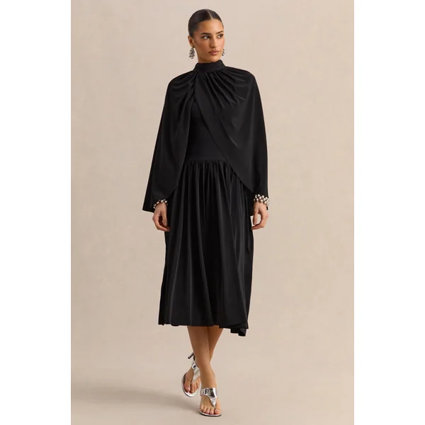 Honora | Robe mi-longue noire à col montant avec manches cape