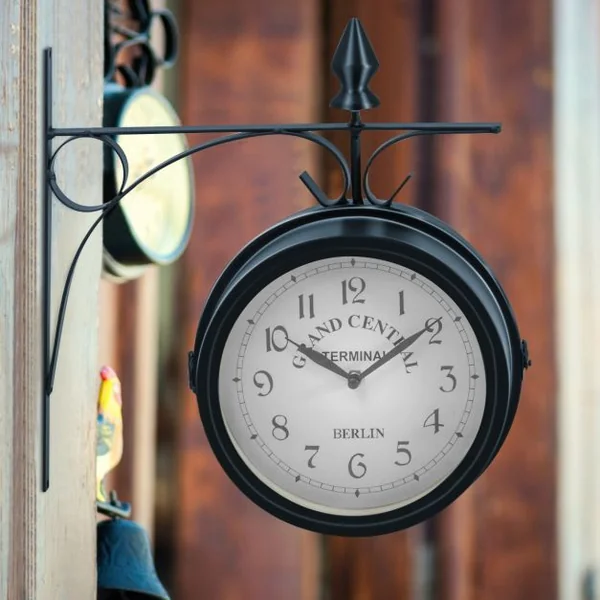 Horloge de gare Pendule murale rétro en métal Cadran double face Silencieuse, pour intérieur extérieur, 30x10x33cm, Noir