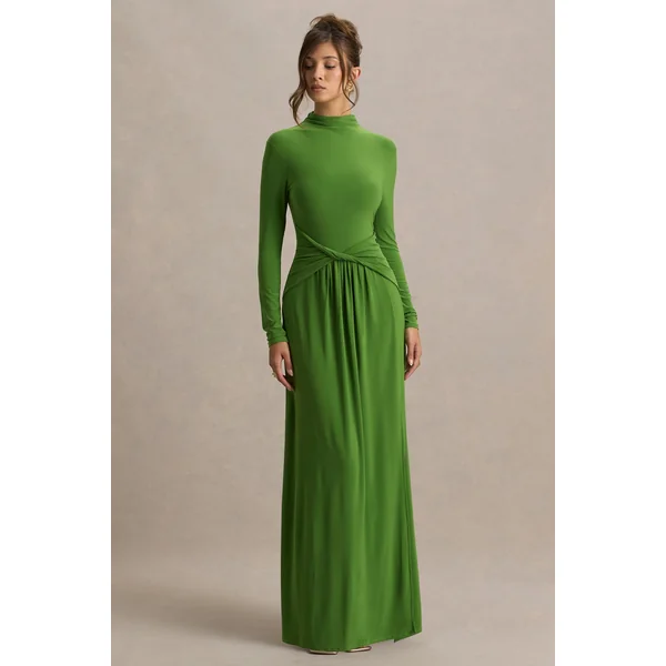 Hourglass | Robe Longue Verte à Manches Longues Avec Détail Noué et Fente