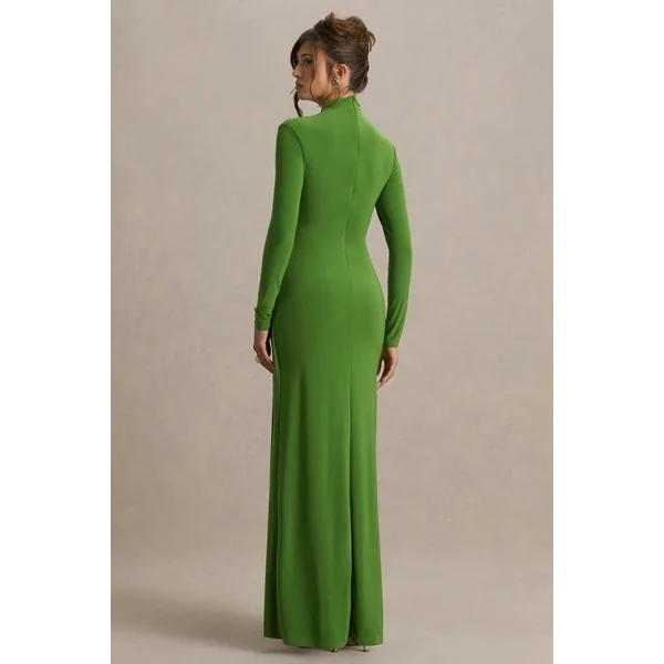 Hourglass | Robe Longue Verte à Manches Longues Avec Détail Noué et Fente