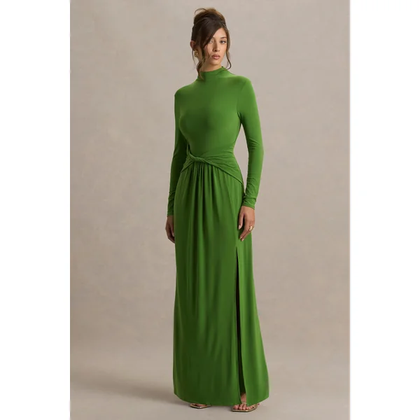Hourglass | Robe Longue Verte à Manches Longues Avec Détail Noué et Fente