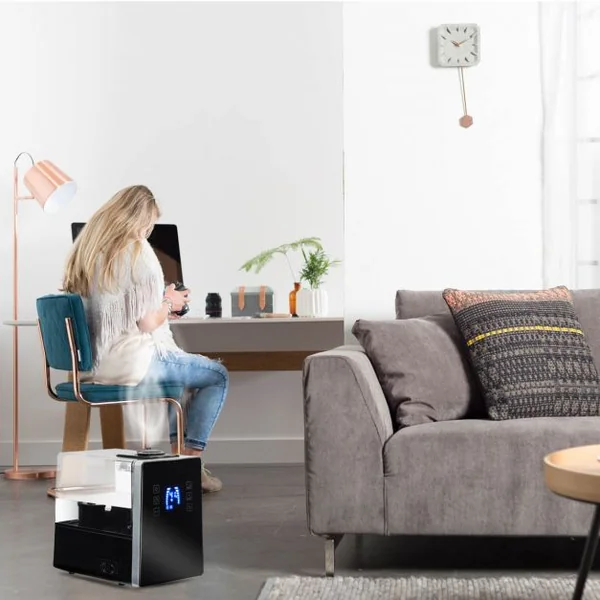 Humidificateur Hybride à Ultrasons Humidificateur 3 niveaux Diffuseur D'Arômes LED Capacité 6L 280W, 19.5x28.5x28cm, Noir