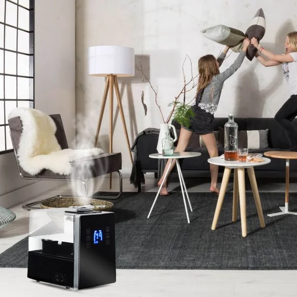 Humidificateur Hybride à Ultrasons Humidificateur 3 niveaux Diffuseur D'Arômes LED Capacité 6L 280W, 19.5x28.5x28cm, Noir