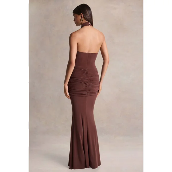 Hyla | Robe longue marron à encolure haute avec détail de pan fluide