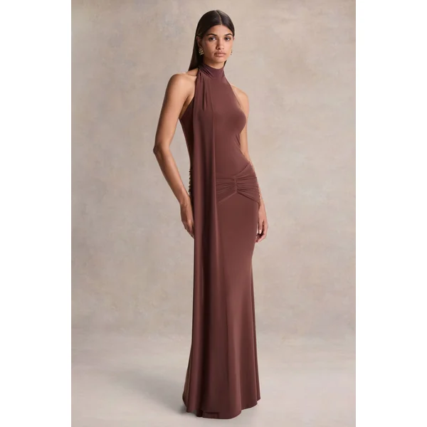 Hyla | Robe longue marron à encolure haute avec détail de pan fluide