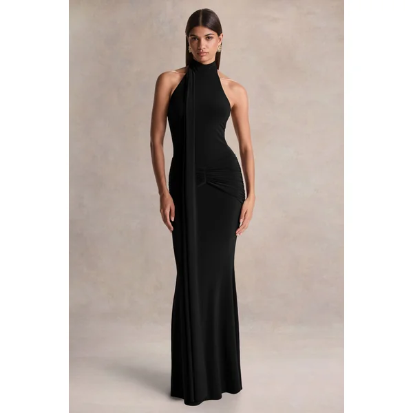 Hyla | Robe longue noire à col montant avec détail écharpe